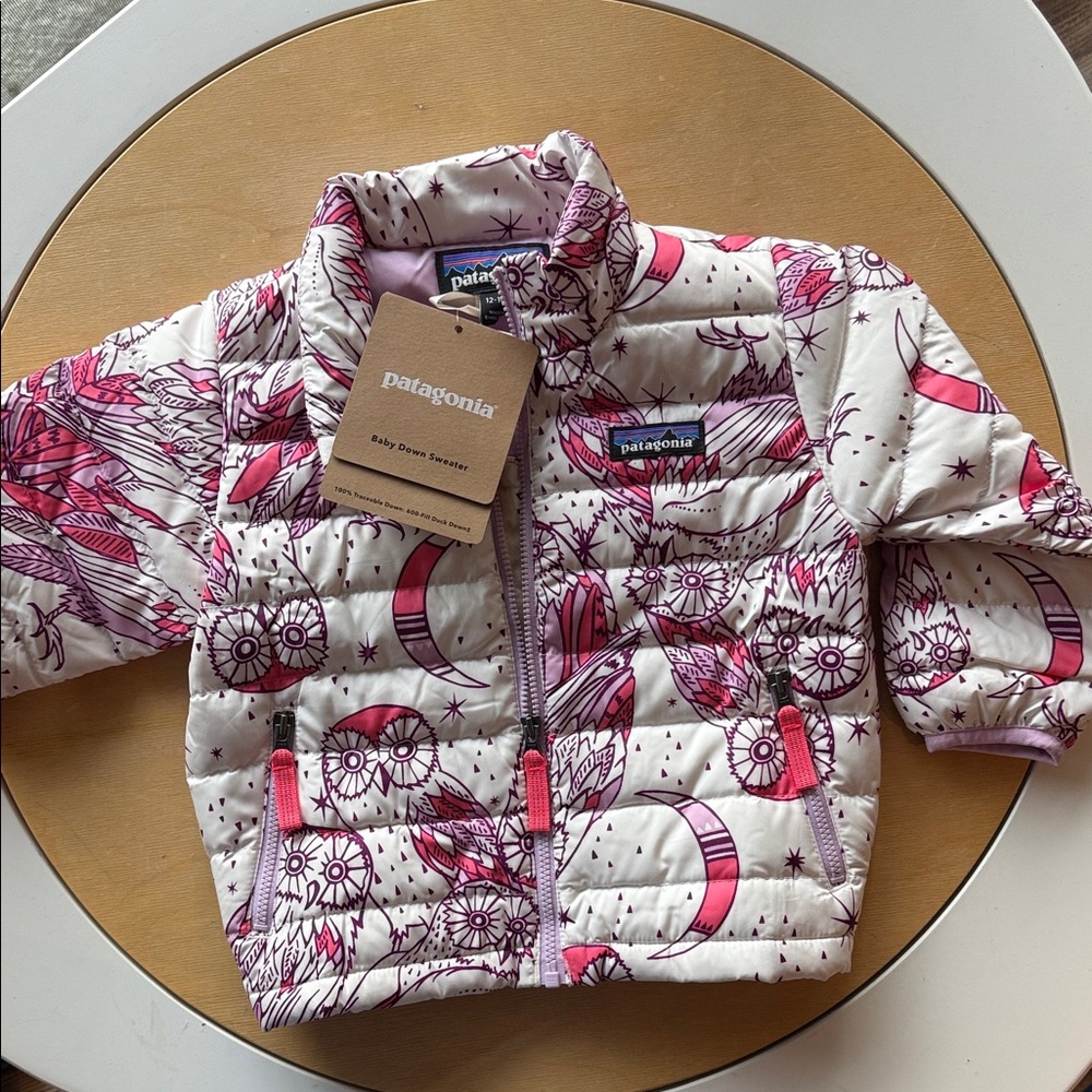 Patagonia  Down Jacket - Pink and White solstice owls moons feather